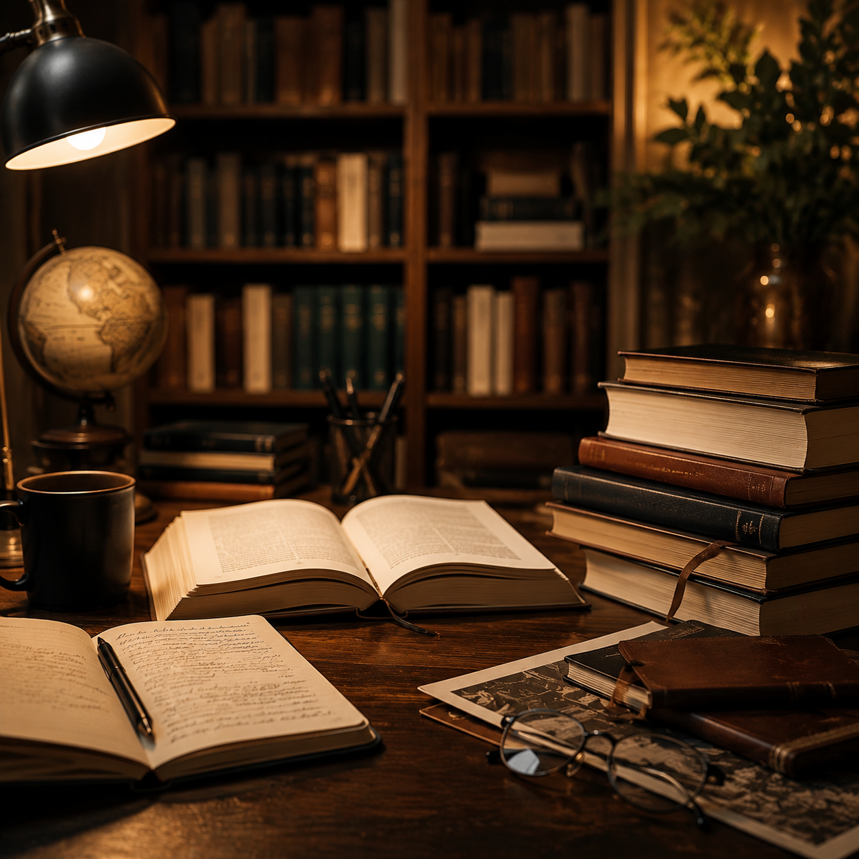 Warm library desk with open books, stacked volumes, globe, and lamp in a cozy study scene